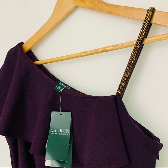Ralph Lauren Purple Sheath Cocktail Dress Ruffle Shoulder - Picture 8 of 8